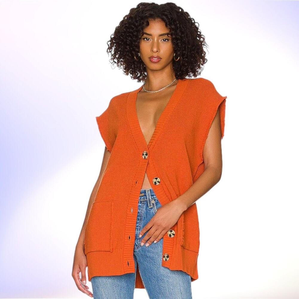 FREE PEOPLE Oakleigh Sweater Vest Ribbed Boyfriend Oversized Lagenlook Orange S